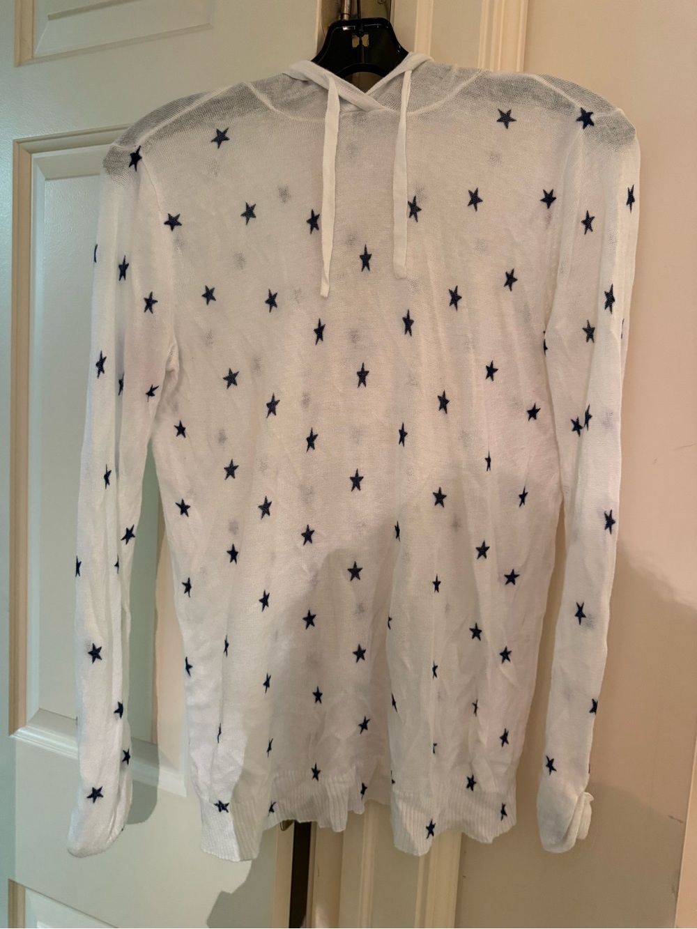 Central Park West White Hooded Knit Top with Navy Star Motif